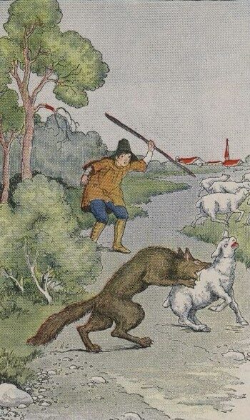 The shepherd boy crying wolf to the villagers, illustration by Milo Winter