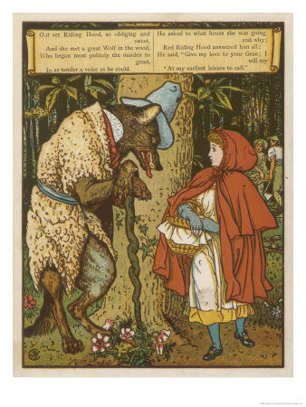 Little Red Riding Hood meeting the wolf in the woods, a colour illustration by Walter Crane