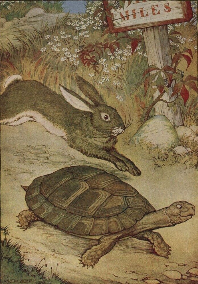 The tortoise and the hare at the race, illustration by Milo Winter